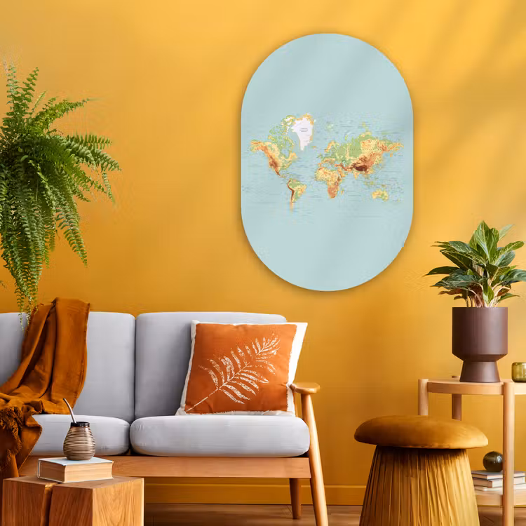 Wereldkaart - Realistisch - Blauw Wandcirkel Ovaal Glas middel -sfeer4