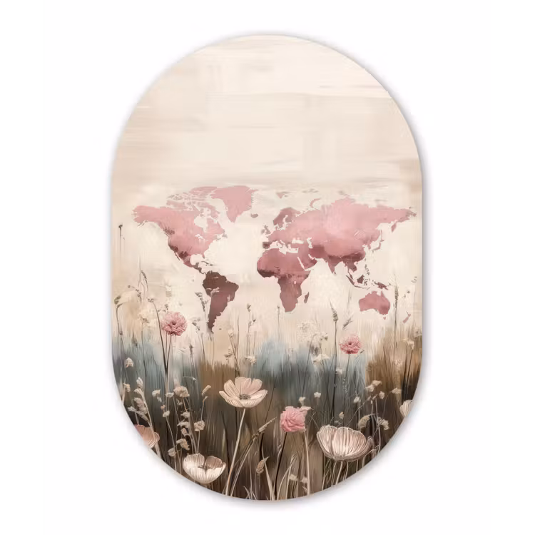 Wereldkaart - Roze - Bloemen Wandcirkel Ovaal Glas middel -3d