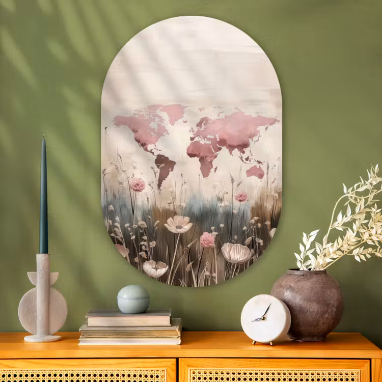 Wereldkaart - Roze - Bloemen Wandcirkel Ovaal Glas middel -sfeer2