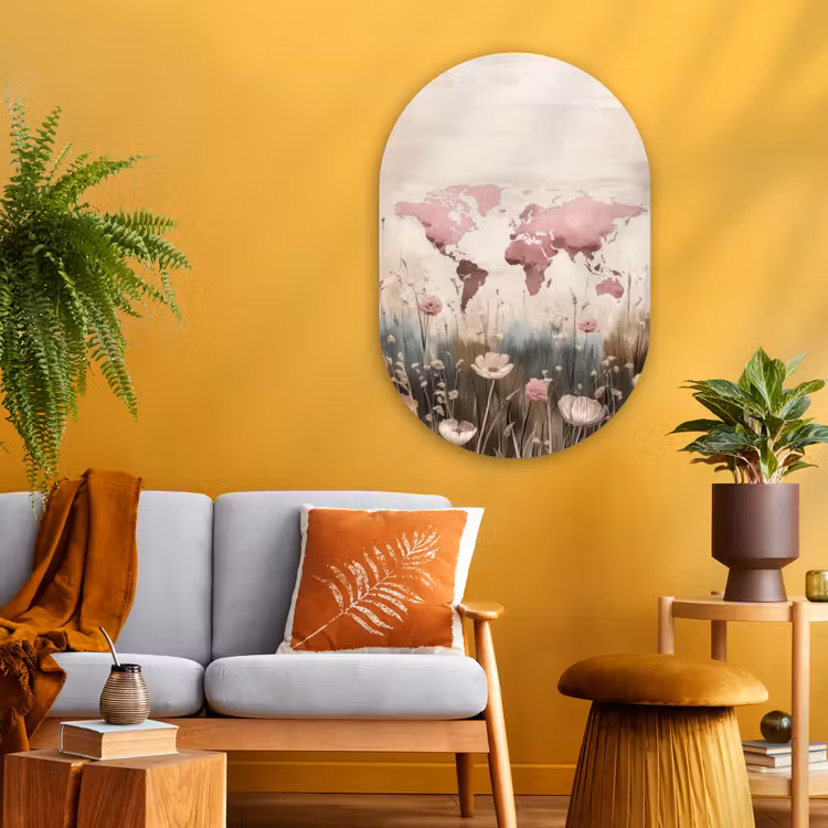 Wereldkaart - Roze - Bloemen Wandcirkel Ovaal Glas middel -sfeer4