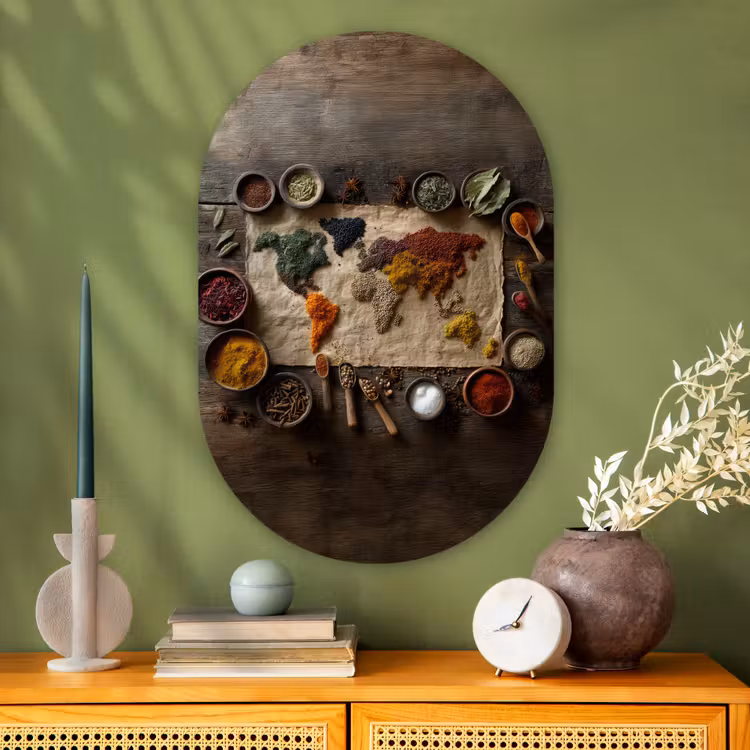 Wereldkaart - Specerijen - Kleurrijk Wandcirkel Ovaal Glas middel -sfeer2