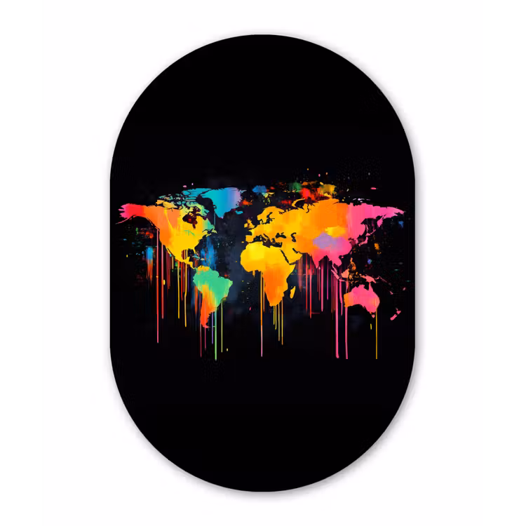 Wereldkaart - Verf - Kleurrijk - Graffiti - Wereld Wandcirkel Ovaal Glas middel -3d