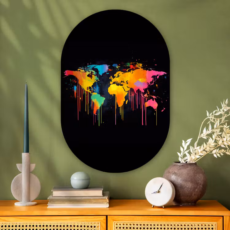 Wereldkaart - Verf - Kleurrijk - Graffiti - Wereld Wandcirkel Ovaal Glas middel -sfeer2
