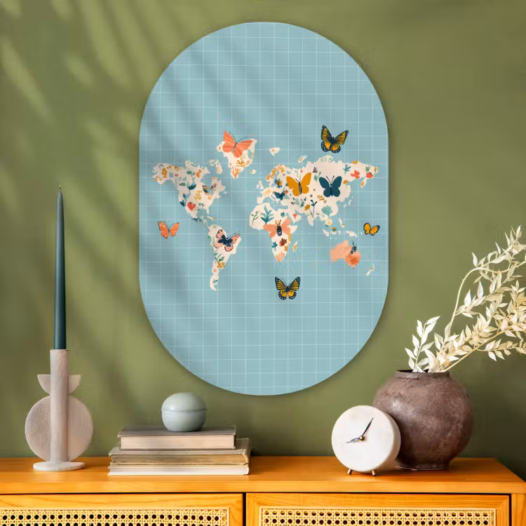 Wereldkaart - Vlinders - Dromerig Wandcirkel Ovaal Glas middel -sfeer2
