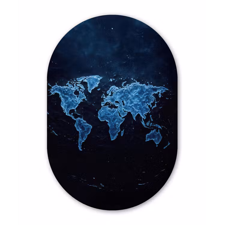 Wereldkaart - Waterstructuur - Blauw Wandcirkel Ovaal Glas middel -3d