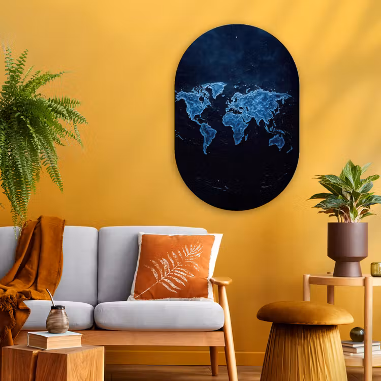 Wereldkaart - Waterstructuur - Blauw Wandcirkel Ovaal Glas middel -sfeer4