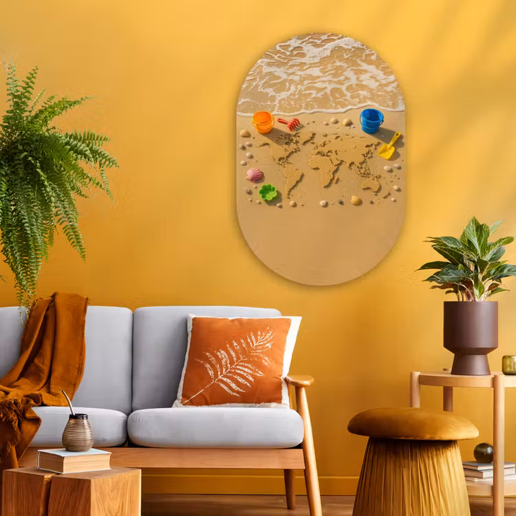 Wereldkaart - Zand - Kleurrijk - Zomer Wandcirkel Ovaal Glas middel -sfeer4