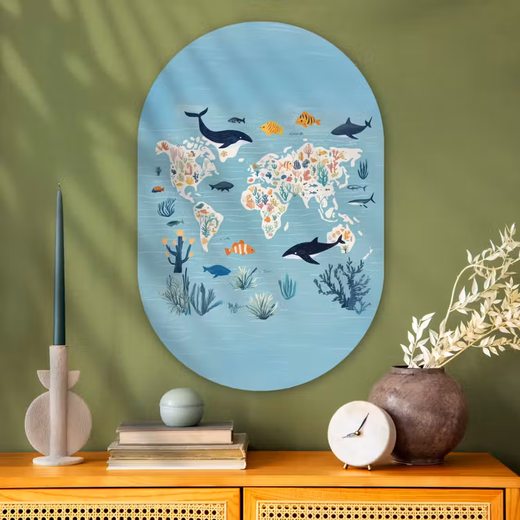 Wereldkaart - Zeeleven - Blauw Wandcirkel Ovaal Glas middel -sfeer2