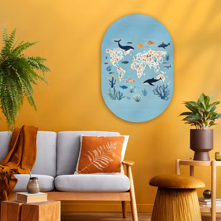 Wereldkaart - Zeeleven - Blauw Wandcirkel Ovaal Glas middel -sfeer4