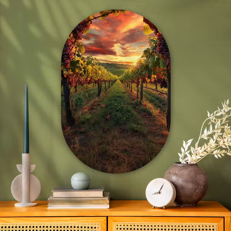 Wijngaard - Druiven - Zonsondergang Wandcirkel Ovaal Glas middel -sfeer2