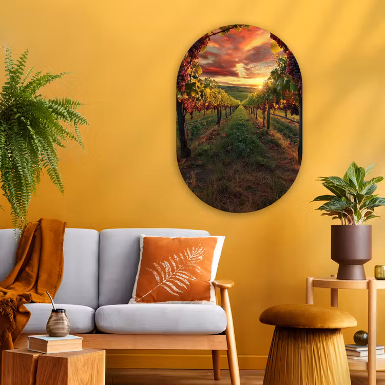 Wijngaard - Druiven - Zonsondergang Wandcirkel Ovaal Glas middel -sfeer4