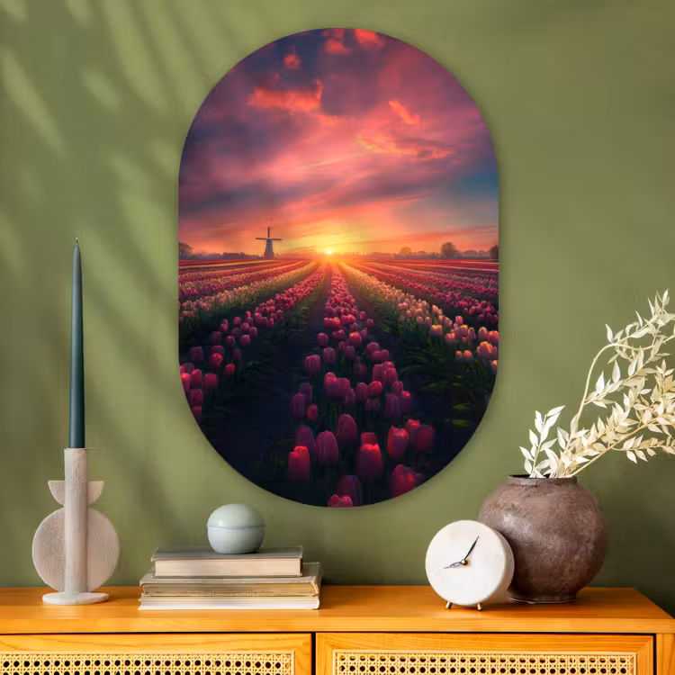 Windmolen - Zonsondergang - Landschap Wandcirkel Ovaal Glas middel -sfeer2