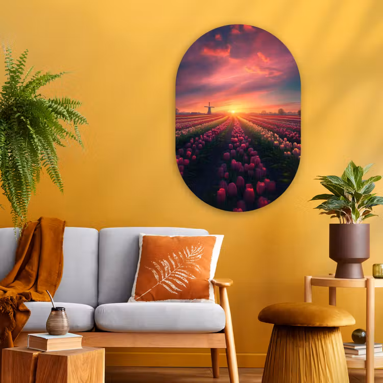 Windmolen - Zonsondergang - Landschap Wandcirkel Ovaal Glas middel -sfeer4