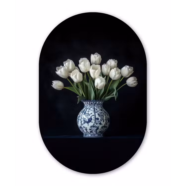 Wit - Bloemen - Tulpen - Vaas Wandcirkel Ovaal Glas middel -3d