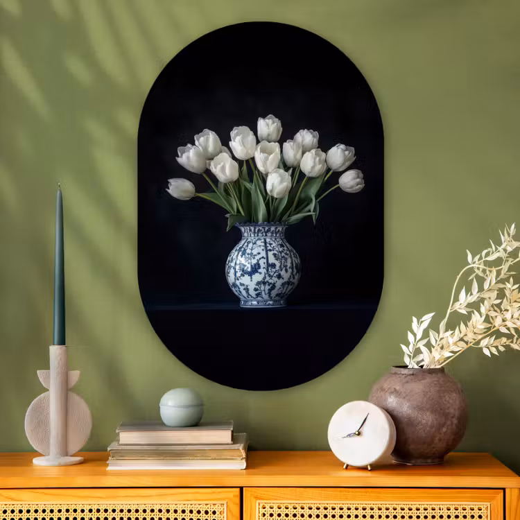 Wit - Bloemen - Tulpen - Vaas Wandcirkel Ovaal Glas middel -sfeer2