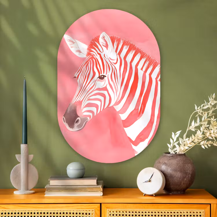 Zebra - Pink - Verf Wandcirkel Ovaal Glas middel -sfeer2