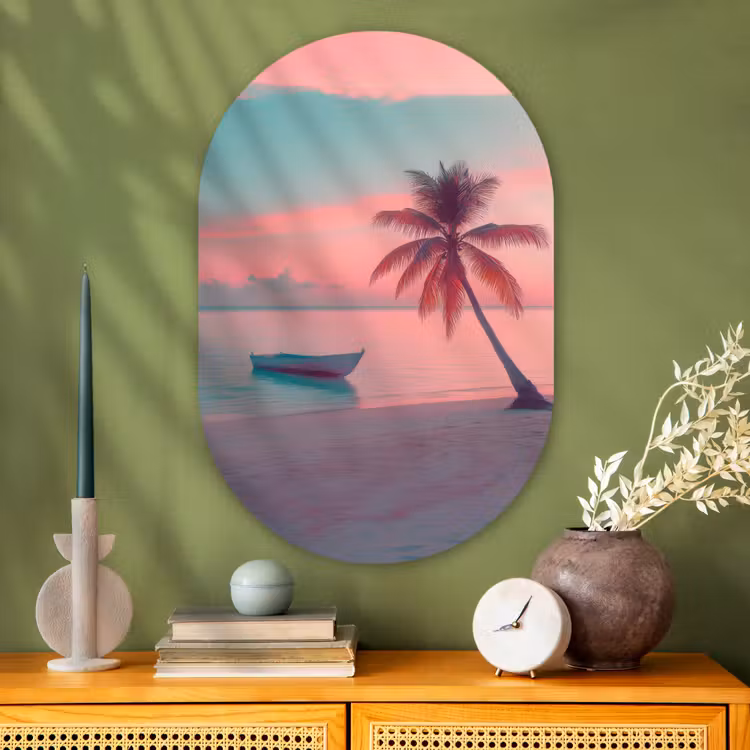 Zee - Boot - Zonsondergang Wandcirkel Ovaal Glas middel -sfeer2