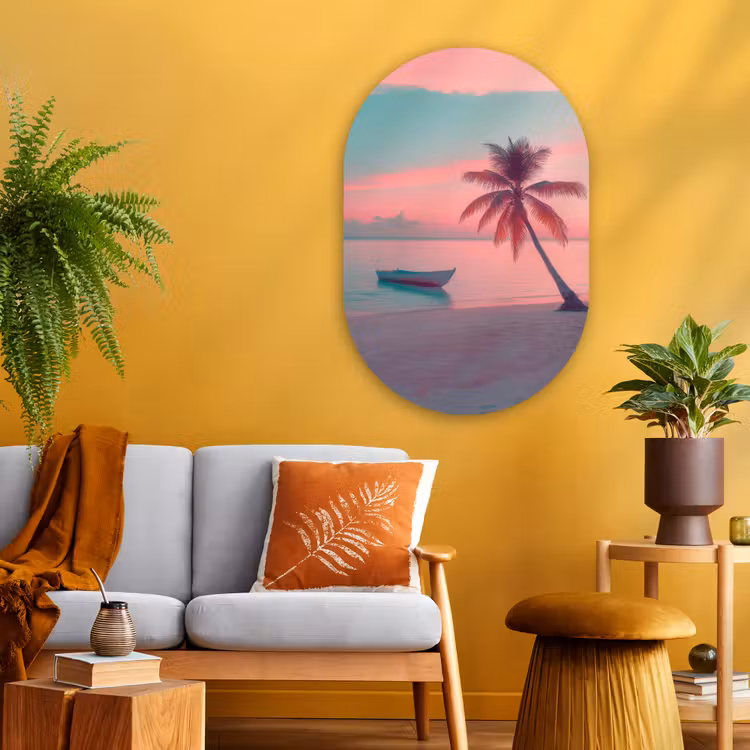 Zee - Boot - Zonsondergang Wandcirkel Ovaal Glas middel -sfeer4