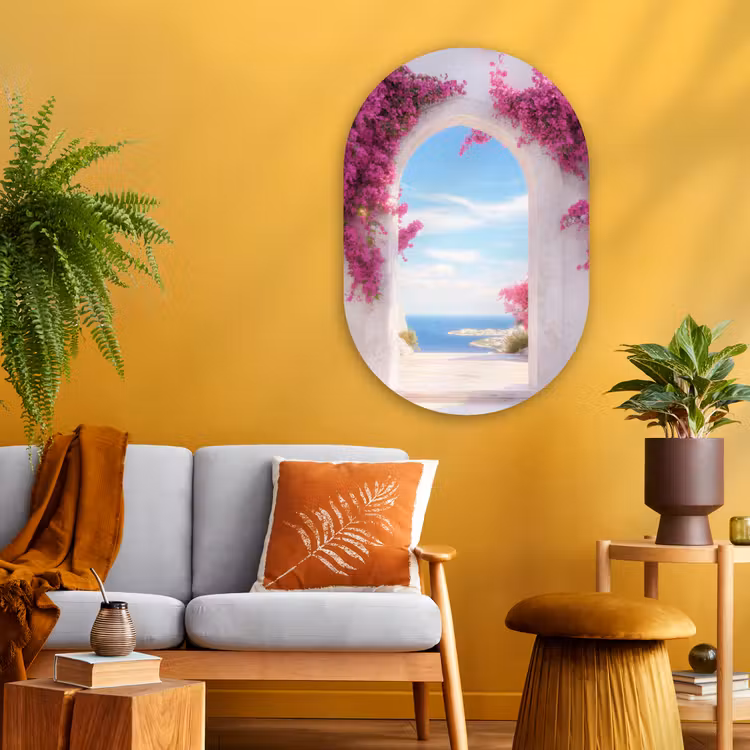 Zee - Roze - Bloemen - Poort Wandcirkel Ovaal Glas middel -sfeer4