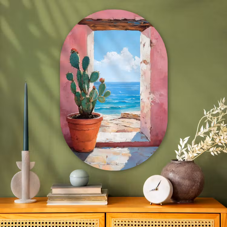 Zee - Roze - Cactus Wandcirkel Ovaal Glas middel -sfeer2