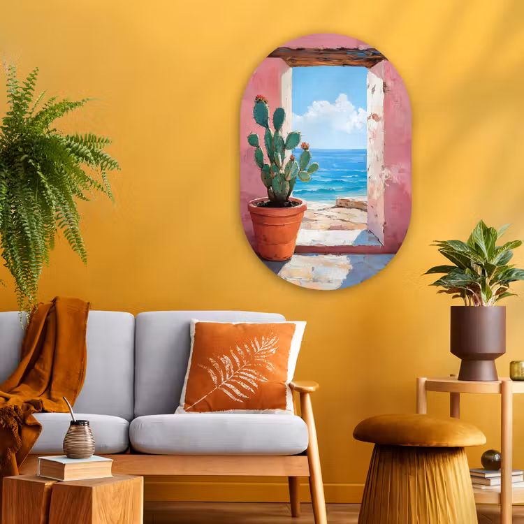 Zee - Roze - Cactus Wandcirkel Ovaal Glas middel -sfeer4