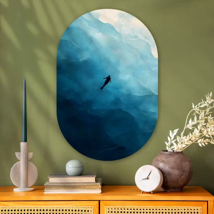 Zee - Silhouet - Abstract - Blauw Wandcirkel Ovaal Glas middel -sfeer2