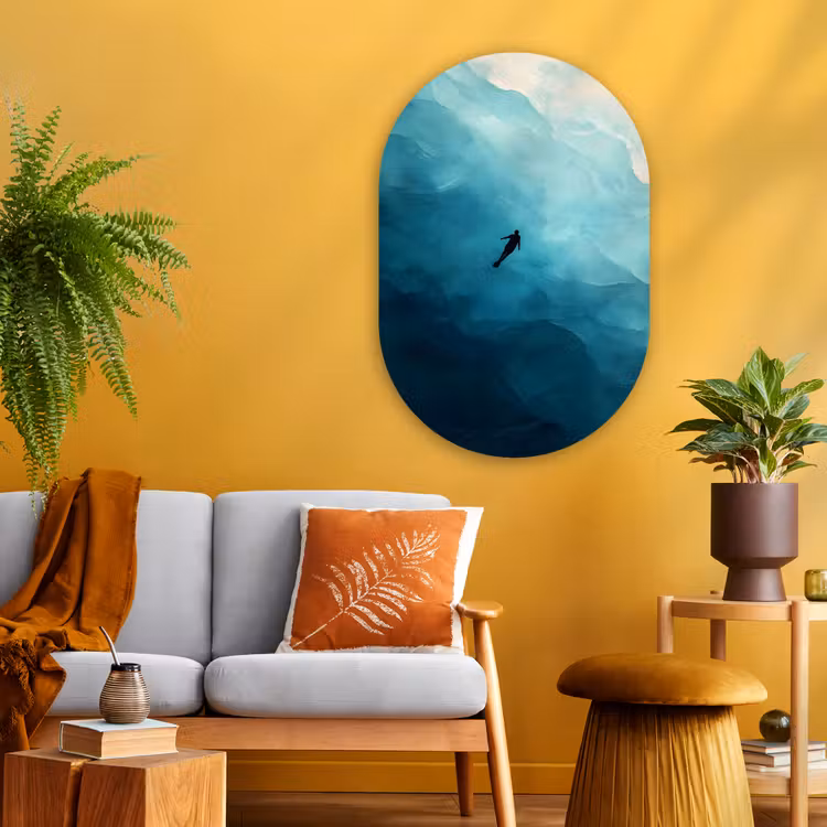 Zee - Silhouet - Abstract - Blauw Wandcirkel Ovaal Glas middel -sfeer4