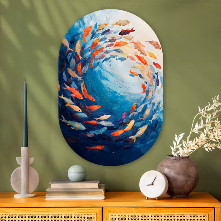 Zee - Vissen - Kleurrijk - Dynamisch Wandcirkel Ovaal Glas middel -sfeer2