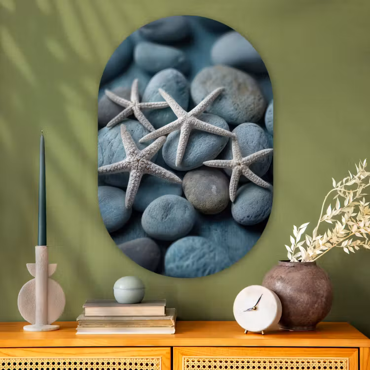 Zeesterren - Stenen - Wit Wandcirkel Ovaal Glas middel -sfeer2