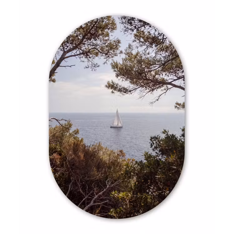 Muurovaal glas - Zeilboot - bomen - water - Zeilboot - bomen - water Wandcirkel Ovaal Glas middel