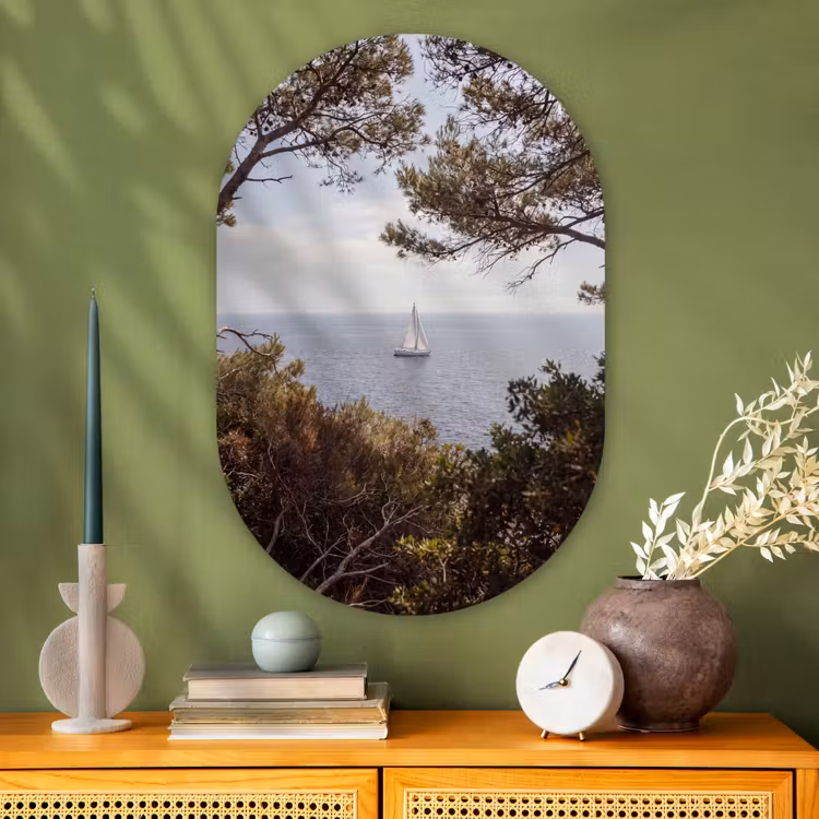 Muurovaal glas - Zeilboot - bomen - water - Zeilboot - bomen - water Wandcirkel Ovaal Glas middel