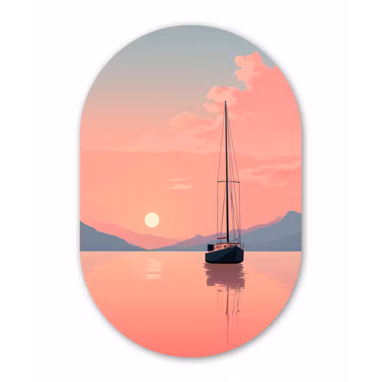 Zeilboot - Roze zee - Zonsondergang - Bergen Wandcirkel Ovaal Glas middel -3d