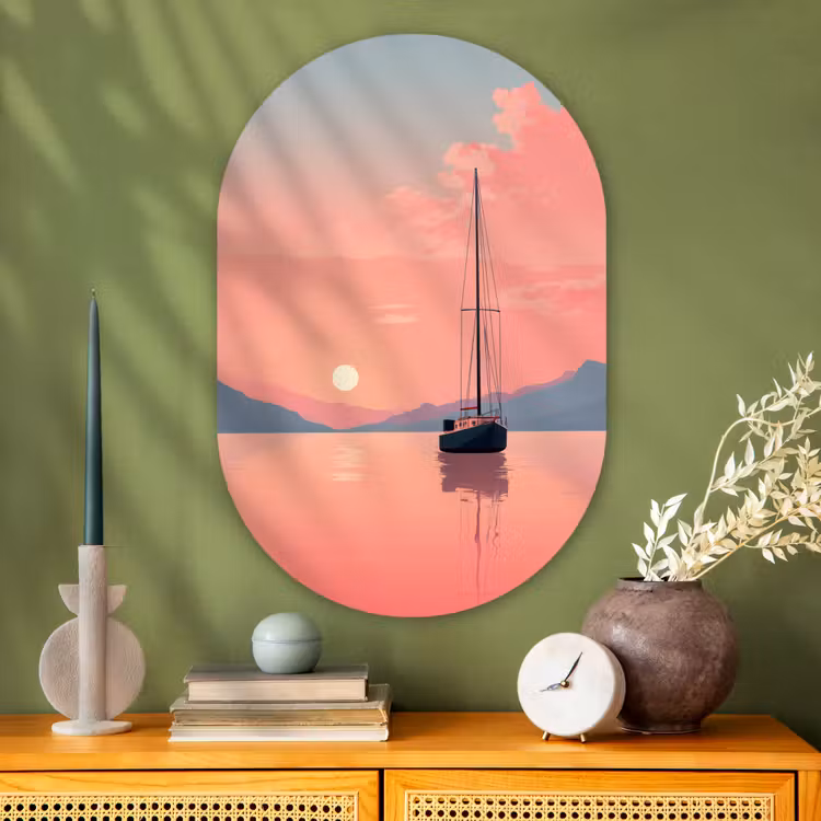 Zeilboot - Roze zee - Zonsondergang - Bergen Wandcirkel Ovaal Glas middel -sfeer2