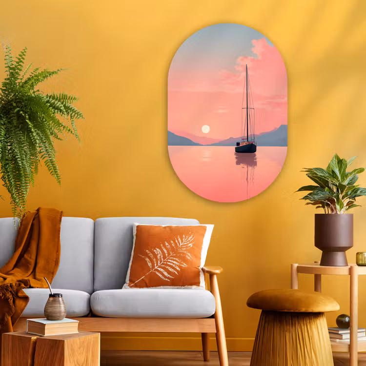 Zeilboot - Roze zee - Zonsondergang - Bergen Wandcirkel Ovaal Glas middel -sfeer4