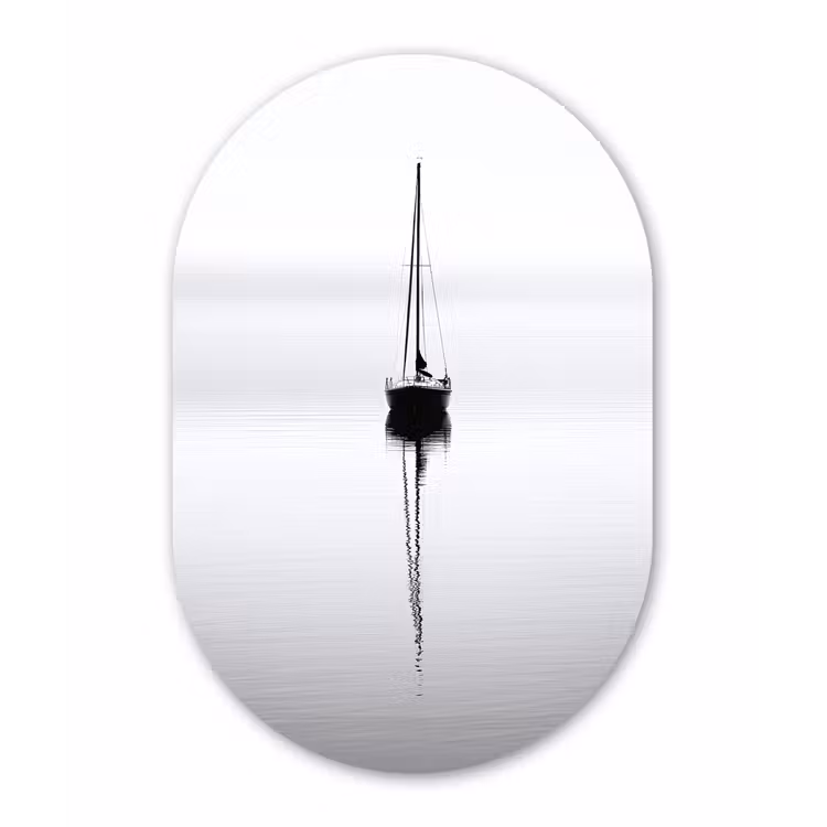 Zeilboot - Zwart - Water - Silhouet Wandcirkel Ovaal Glas middel -3d