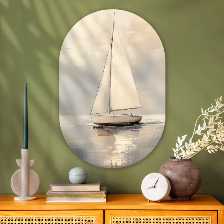 Zeilschip - Zee - Bewolkt Wandcirkel Ovaal Glas middel -sfeer2