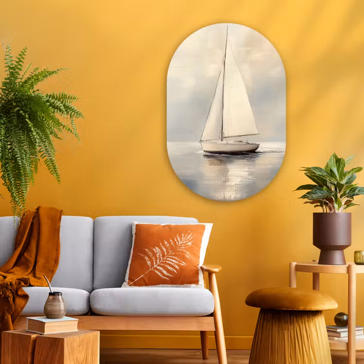 Zeilschip - Zee - Bewolkt Wandcirkel Ovaal Glas middel -sfeer4