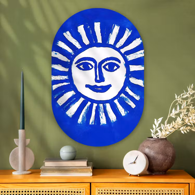 Zon - Gezicht - Penseelstructuur - Blauw Wandcirkel Ovaal Glas middel -sfeer2