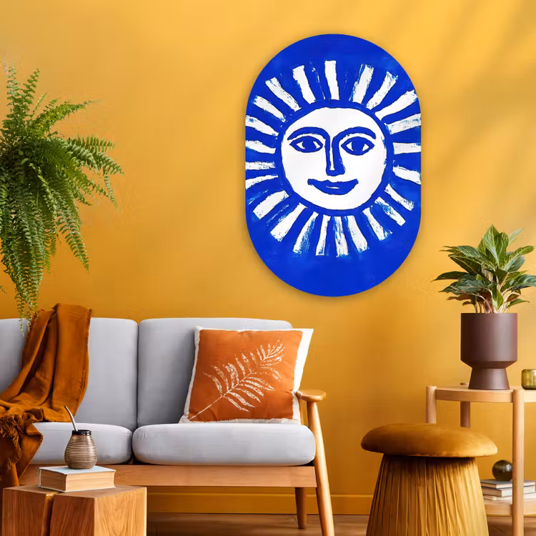 Zon - Gezicht - Penseelstructuur - Blauw Wandcirkel Ovaal Glas middel -sfeer4
