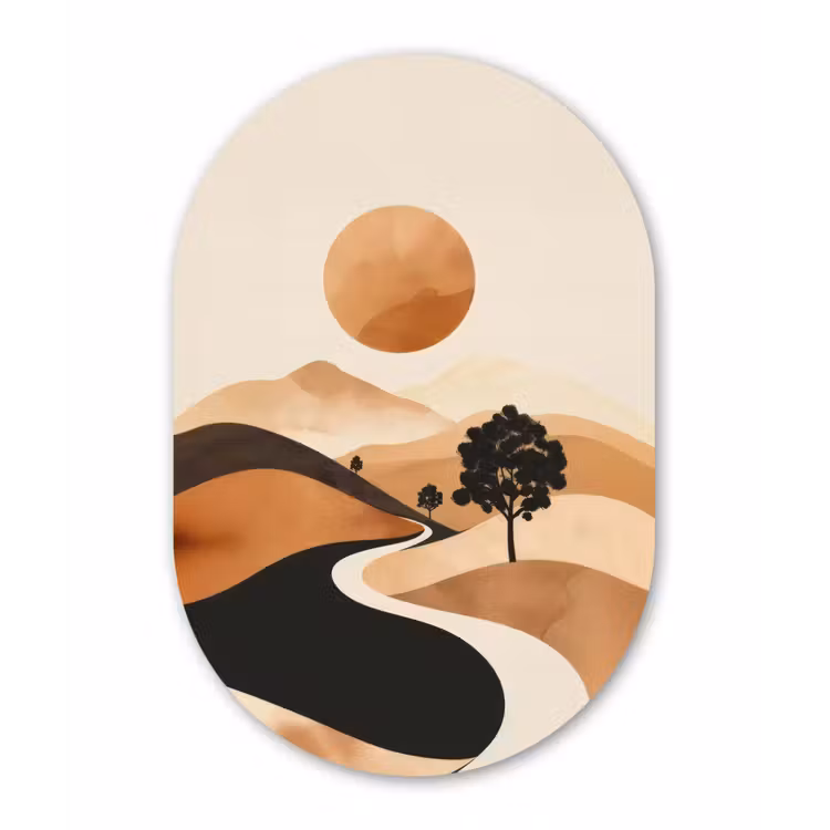 Zon - Heuvels - Boom - Abstract Wandcirkel Ovaal Glas middel -3d