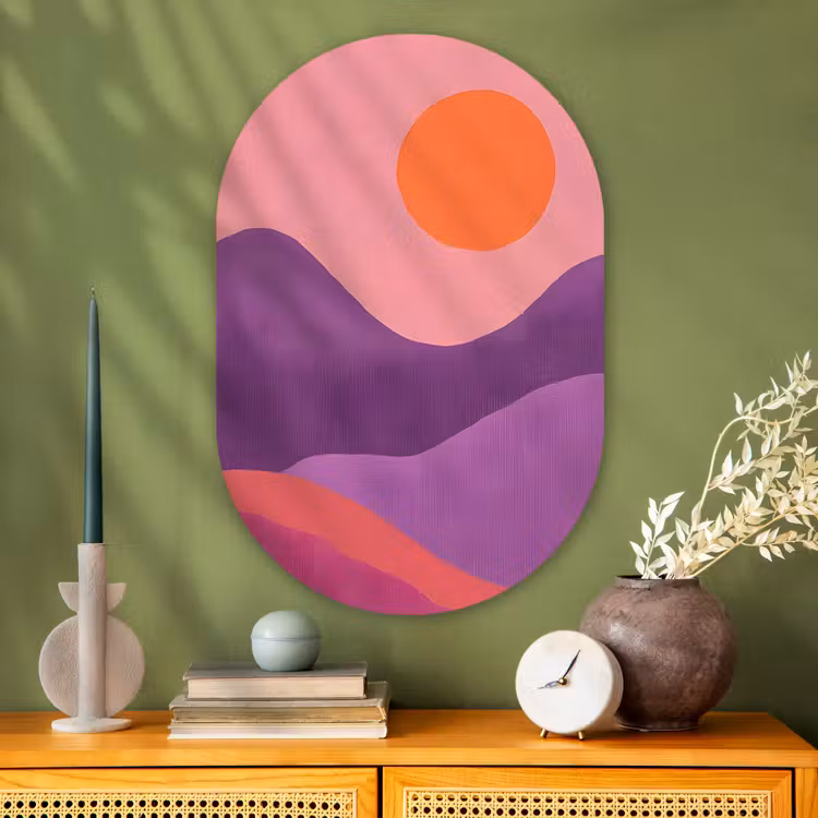 Zon - Heuvels - Paars - Abstract Wandcirkel Ovaal Glas middel -sfeer2