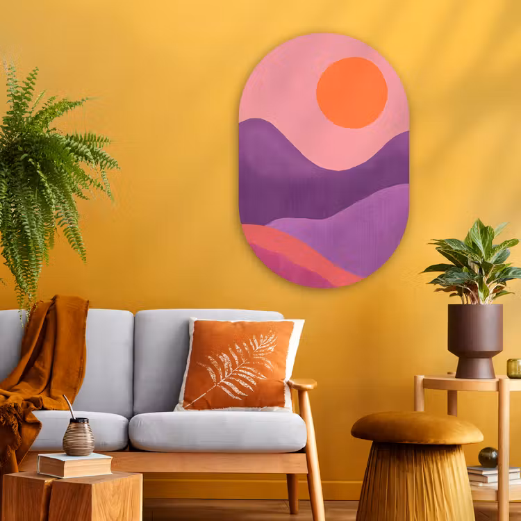 Zon - Heuvels - Paars - Abstract Wandcirkel Ovaal Glas middel -sfeer4