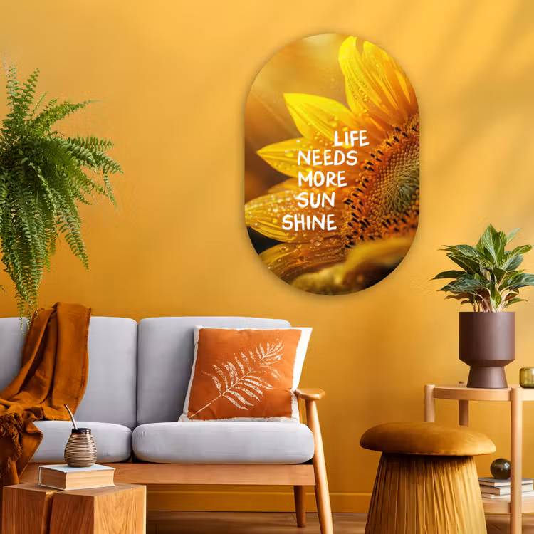 Zonnebloem - Close up - Geel - Quote Wandcirkel Ovaal Glas middel -sfeer4