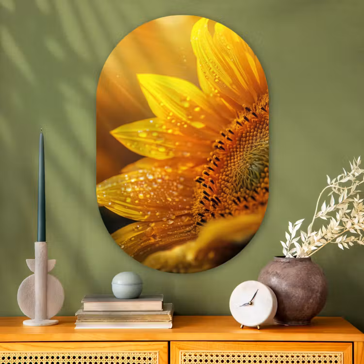 Zonnebloem - Dauwdruppels - Geel - Zonlicht Wandcirkel Ovaal Glas middel -sfeer2