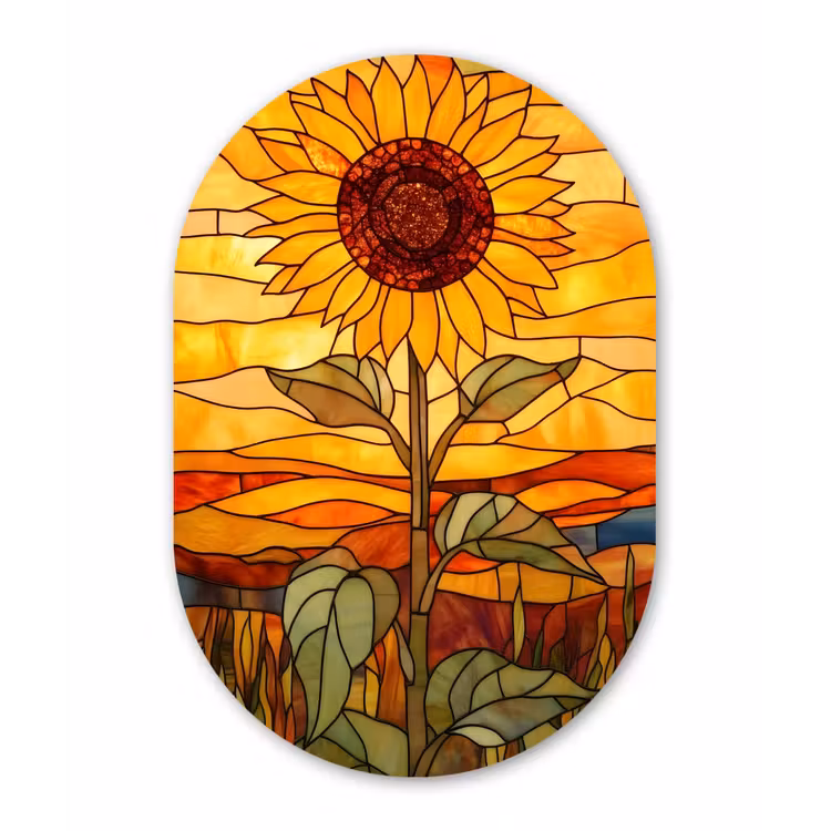 Zonnebloem - Mozaïek - Zonsondergang - Geel Wandcirkel Ovaal Glas middel -3d