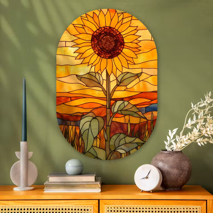 Zonnebloem - Mozaïek - Zonsondergang - Geel Wandcirkel Ovaal Glas middel -sfeer2