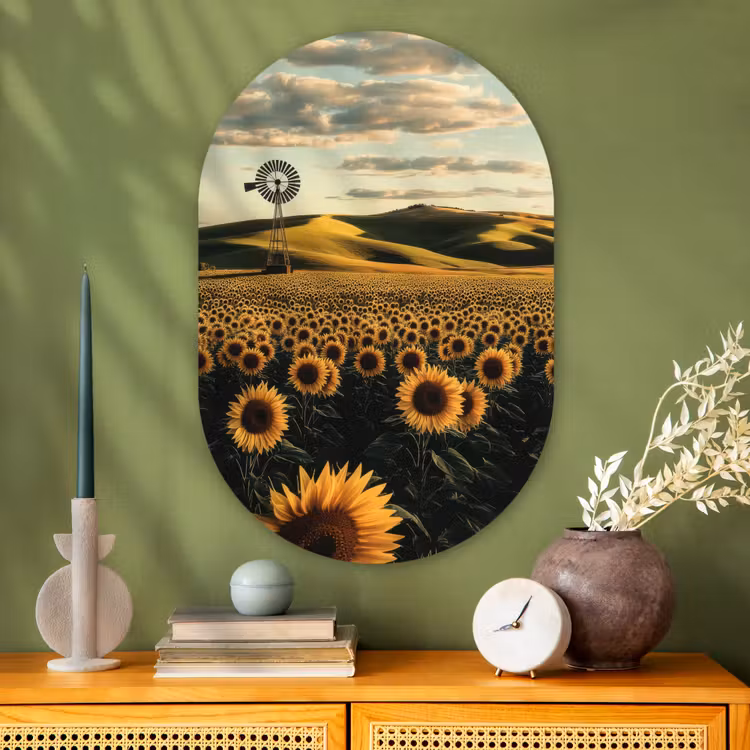 Zonnebloem - Veld - Windmolen Wandcirkel Ovaal Glas middel -sfeer2