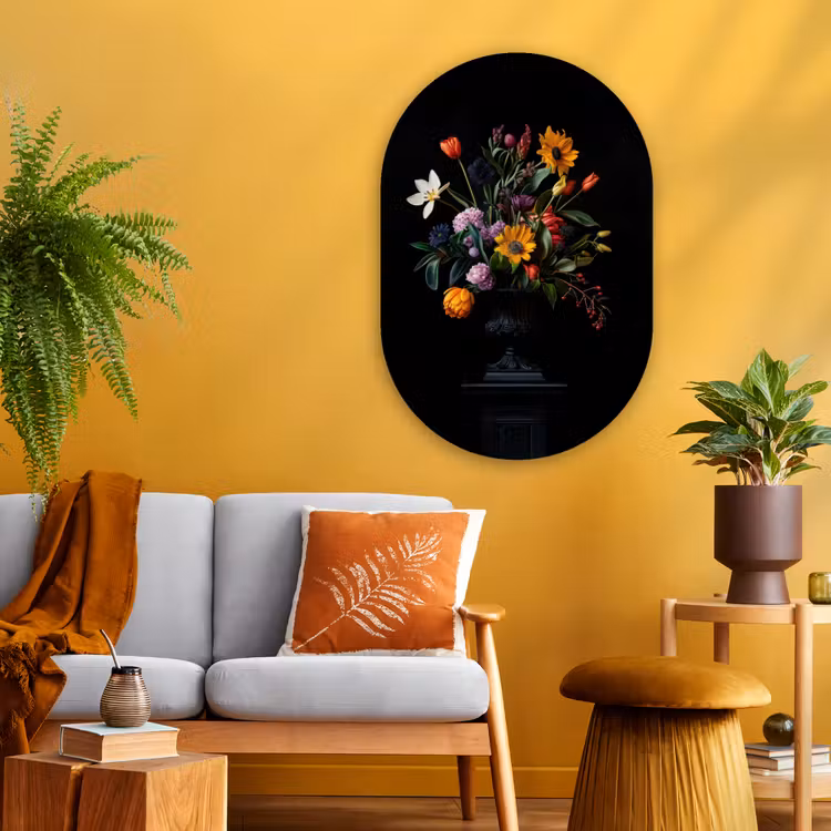 Zonnebloemen - Boeket - Kleurrijk Wandcirkel Ovaal Glas middel -sfeer4