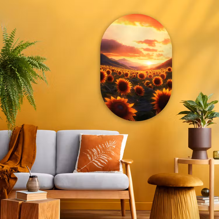 Zonnebloemen - Zonsondergang - Landschap Wandcirkel Ovaal Glas middel -sfeer4
