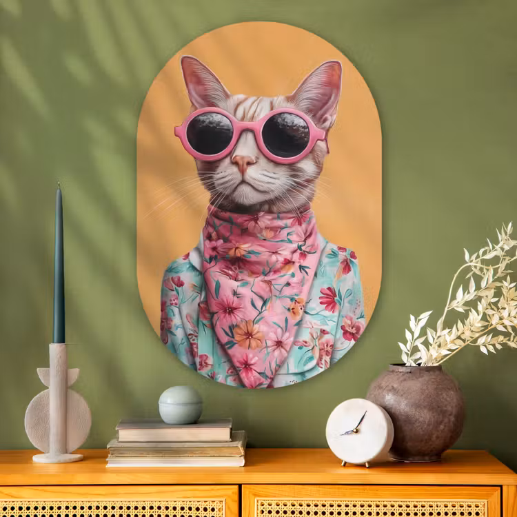 Zonnebril - Kat - Sjaal - Bloemen Wandcirkel Ovaal Glas middel -sfeer2